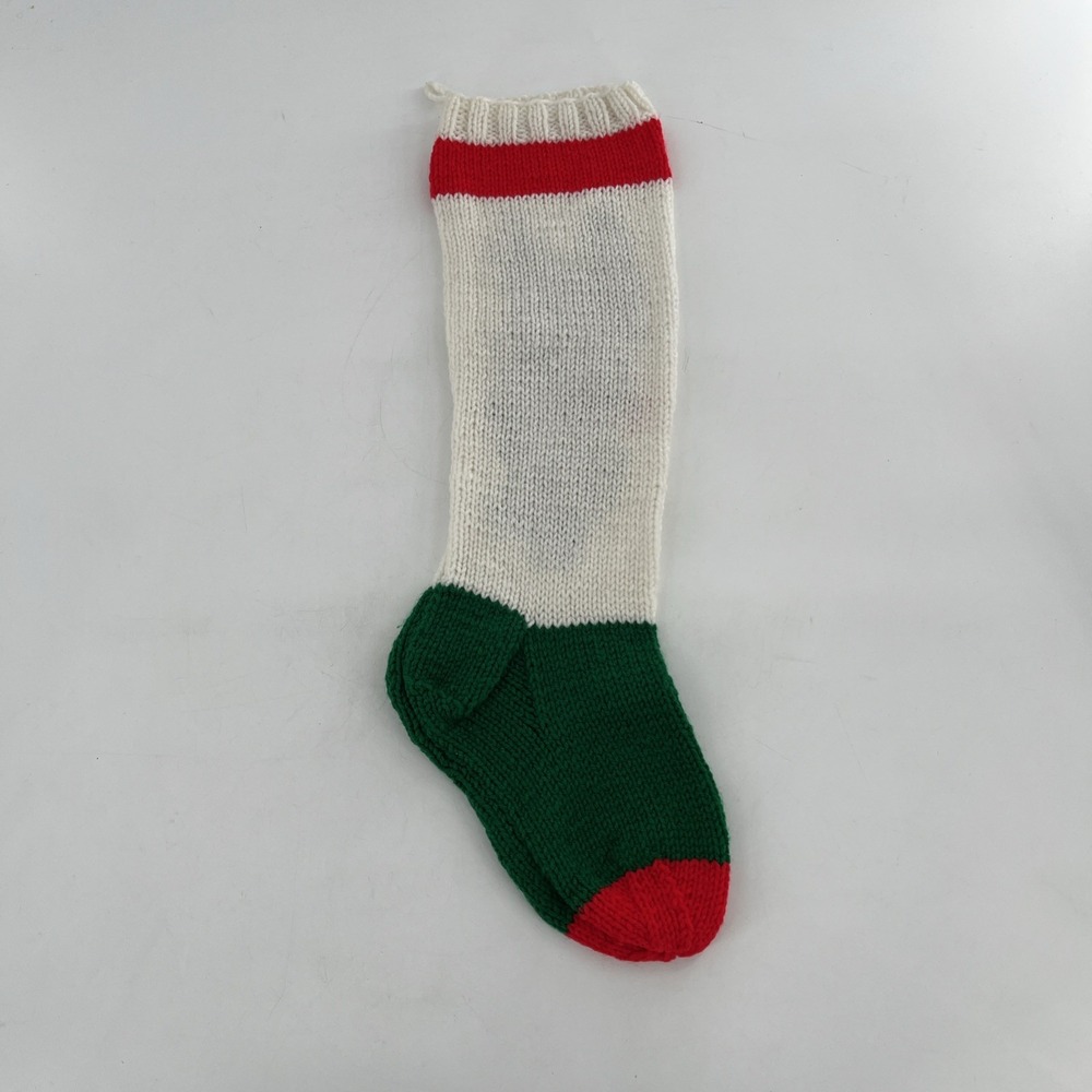 Vintage Hand Knit Christmas Stocking Rudolph Red-Nose Reindeer Green White READ - Picture 2 of 9